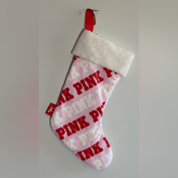 PINK Victoria's Secret Other - Victoria’s Secret PINK Christmas Stocking Red Logo Pink White Plush Cuff NWT